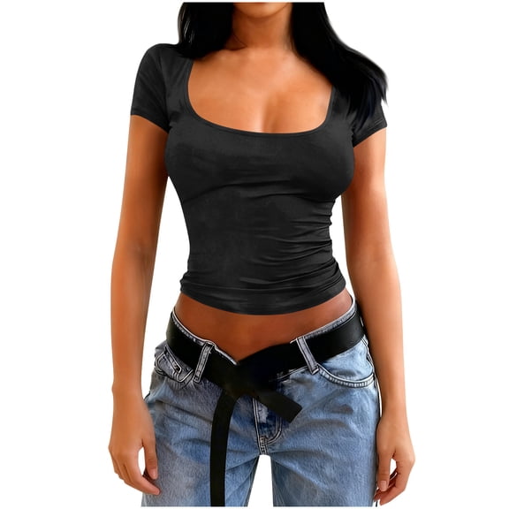 Short Sleeve Shirts for Women Squares Neck Slim Fitting Cropped Tunic Tops Spring Summer Teens Basic Tees Black XXL