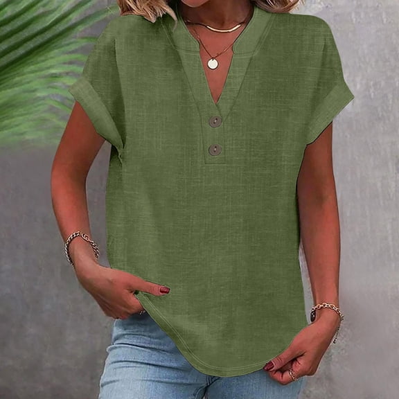 Short Sleeve Shirts for Women Summer Button Down V Neck Tops Solid Color Comfy Blouses Casual Dressy Tunic Top Green S