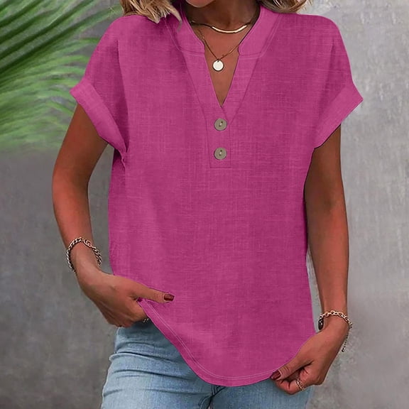Short Sleeve Shirts for Women Summer Button Down V Neck Tops Solid Color Comfy Blouses Casual Dressy Tunic Top Hot Pink S