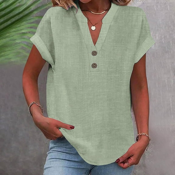Short Sleeve Shirts for Women Summer Button Down V Neck Tops Solid Color Comfy Blouses Casual Dressy Tunic Top Mint Green S