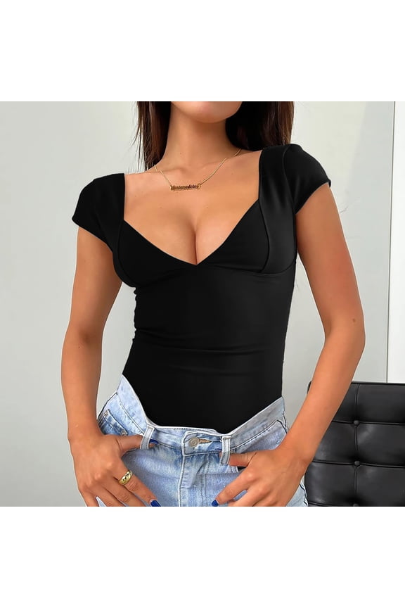 Short Sleeve Shirts for Women, V Neck Short Sleeve Double Lined Seamed Cup Going Out Tops, Black XS