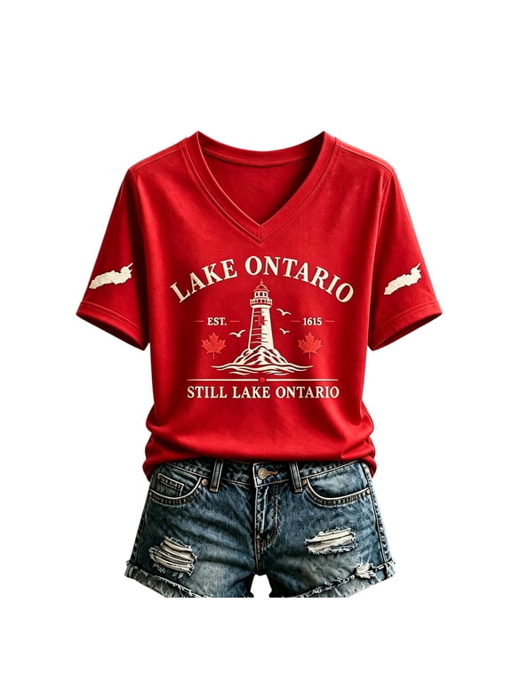 Womens Short Sleeve Shirts V Neck Lake T Shirts Ontario Graphic Tees for Women Maple Leaf Sleeve Print Retro Summer Tops