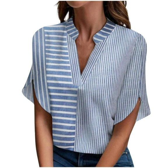 Short Sleeve Shirts for Women, Women Striped Button Down Shirts Cotton Linen Blouse Tops Short Sleeve Collar Guaze Shirt Trendy Vacation Work Clothes