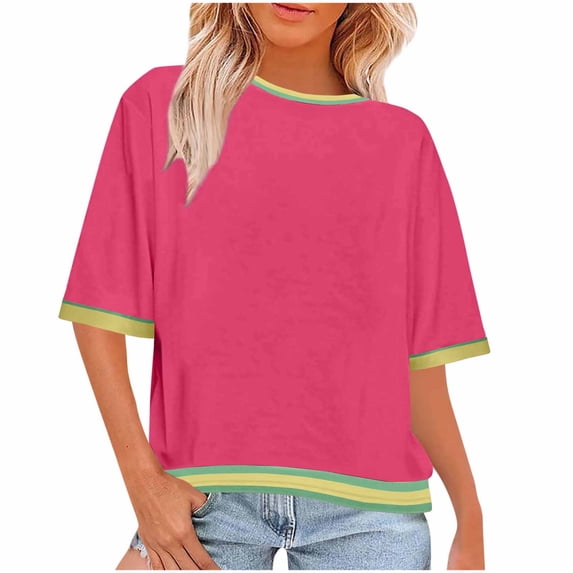 Short Sleeve Shirts for Women, Women's Color Block T Shirts Loose Fit Crew Neck Half Sleeve Tees Pullover Casual 2026 Summer Cropped Tops