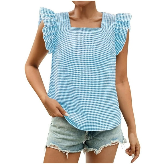 Short Sleeve Shirts for Women, Women's Gingham Print Blouse Top Square Neck Ruffle Short Sleeve Boho Casual Shirts