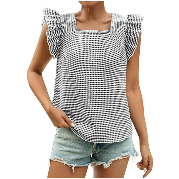 Short Sleeve Shirts for Women, Women's Gingham Print Blouse Top Square Neck Ruffle Short Sleeve Boho Casual Shirts