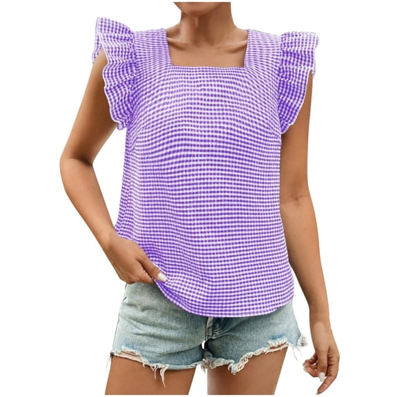 Short Sleeve Shirts for Women, Women's Gingham Print Blouse Top Square Neck Ruffle Short Sleeve Boho Casual Shirts