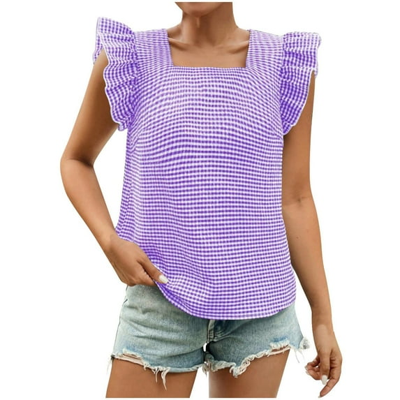Short Sleeve Shirts for Women, Women's Gingham Print Blouse Top Square Neck Ruffle Short Sleeve Boho Casual Shirts