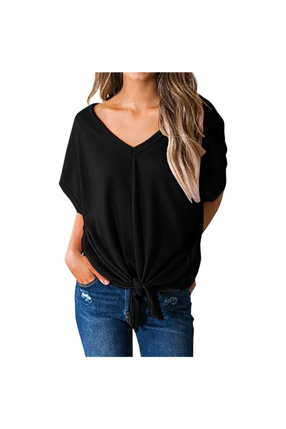 Short Sleeve Shirts for Women, Women's Tie Front Blouses V Neck Short Split Sleeve Summer Knot Tops T Shirts