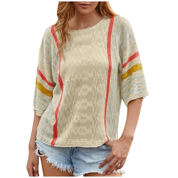 Short Sleeve Shirts for Women, Womens 2026 Spring Casual Crewneck Short Sleeve Striped Lightweight Knit Trendy Boho Tops Pullover Sweaters