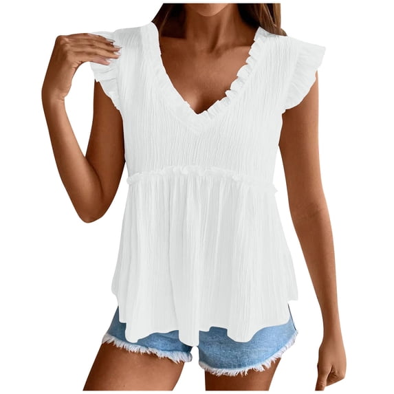Short Sleeve Shirts for Women, Womens Babydoll Tank Tops V Neck Ruffle Sleeve Pleated Peplum Shirts Summer