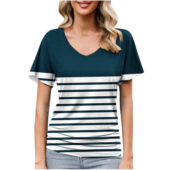 Short Sleeve Shirts for Women, Womens Casual V Neck Tops Loose Fit Color Block Shirts Short Sleeve Striped Button Down Tees Blouses for Summer