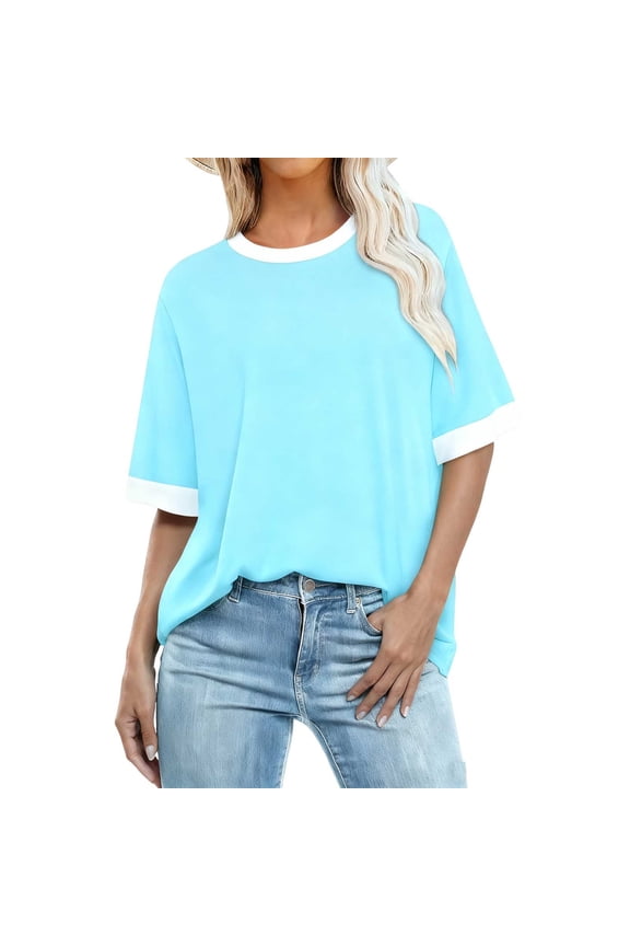 Short Sleeve Shirts for Women, Womens Ringer Tee Crew Neck Color Block Casual Summer Short Sleeve T Shirt