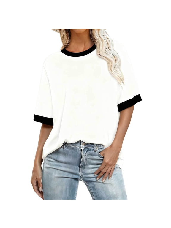 Short Sleeve Shirts for Women, Womens Ringer Tee Crew Neck Color Block Casual Summer Short Sleeve T Shirt