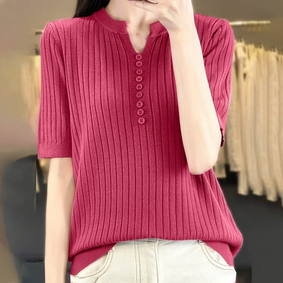 Short Sleeve Shirts for Women, Xunlbb Fashion Women's Casual Solid Color Knit Short Sleeve V-Neck Blouses Shirts(Hot Pink,XXL)
