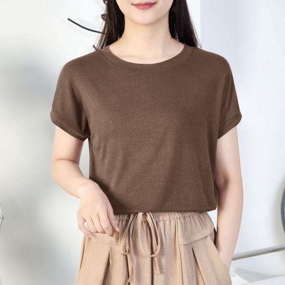 Short Sleeve Shirts for Women, Xunlbb Women's Casual Oversize Solid Color Round-Neck Hooded Short Sleeve T-shirt Tank(Coffee,XXXL)