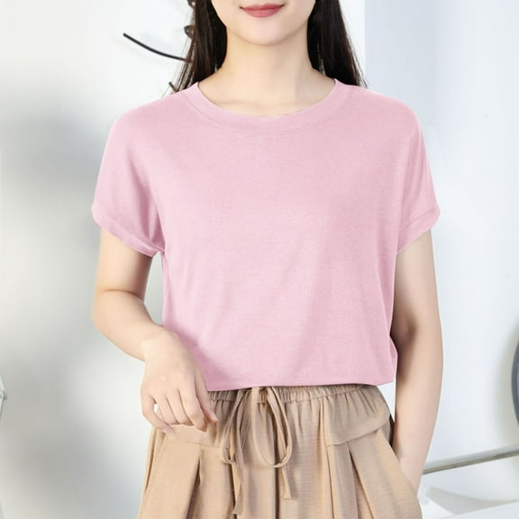 Short Sleeve Shirts for Women, Xunlbb Women's Casual Oversize Solid Color Round-Neck Hooded Short Sleeve T-shirt Tank(Pink,XXL)