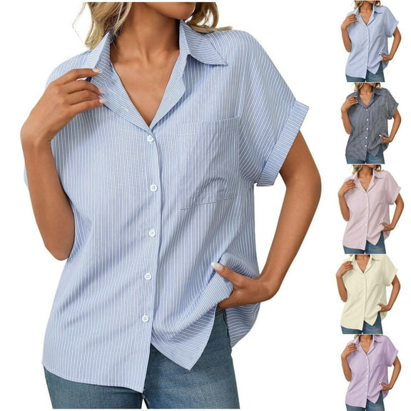 Short Sleeve Shirts for Women, Xunlbb Women's Fashion Fashion Loose Short Sleeve Lapel Pocket Casual Striped Shirt(Blue,S)