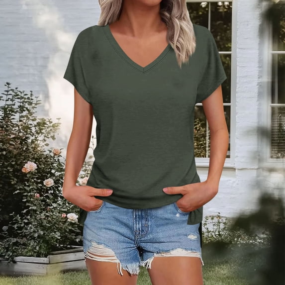 Short Sleeve Shirts for Women, Xunlbb Women's Fashion Solid Color Slit Raglan Sleeve Short Sleeve Blouse V-Neck T-Shirt Tops(Dark Green,XL)