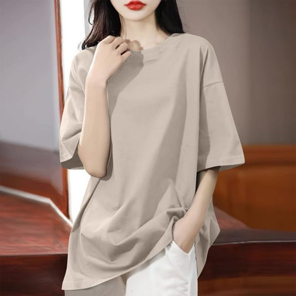 Short Sleeve Shirts for Women, Xunlbb Women's Solid Color Shoulder Down Short Sleeved Round Neck Loose Fashion Top(Khaki,M)