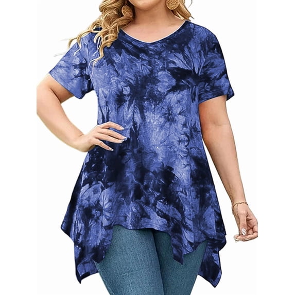 Short Sleeve Shirts for Women's for Plus Size Tops Casual Summer Clothes Asymmetrical Tunic Blouses Blue XL