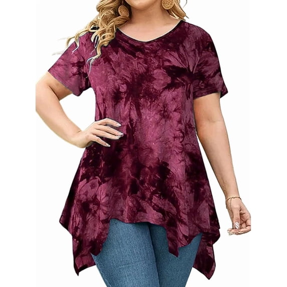 Short Sleeve Shirts for Women's for Plus Size Tops Casual Summer Clothes Asymmetrical Tunic Blouses Wine Red 4XL