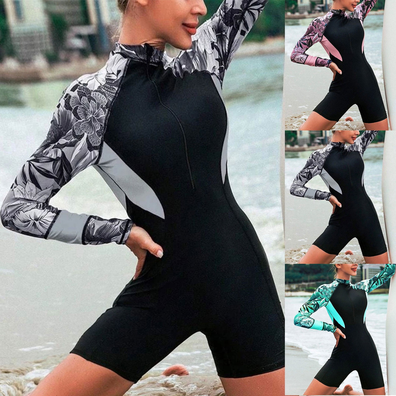 Short Sleeve Shorty Wetsuit Women Sun Protection One Piece Swimsuit Printed Full Body Rash Guard