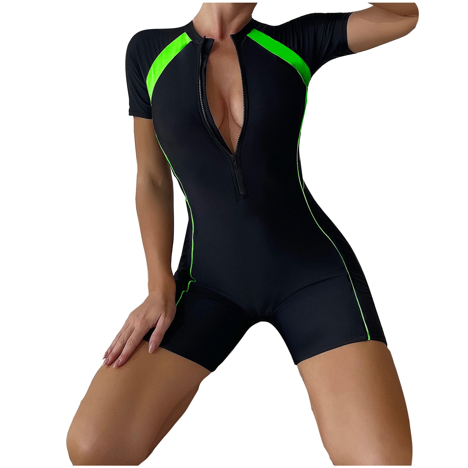 Short Sleeve Shorty Wetsuit Women Sun Protection One Piece Swimsuit Printed Full Body Rash Guard