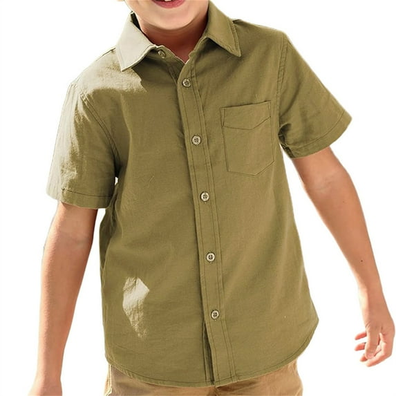 Short Sleeve Solid Color Boys Casual Button Blouse Kids Children Lapel Cotton Tops with Pocket for 5-14 Years
