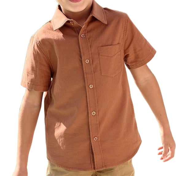 Short Sleeve Solid Color Boys Casual Button Blouse Kids Children Lapel Cotton Tops with Pocket for 5-14 Years