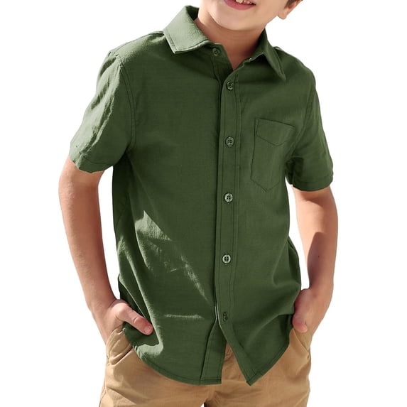Short Sleeve Solid Color Boys Casual Button Blouse Kids Children Lapel Cotton Tops with Pocket for 5-14 Years