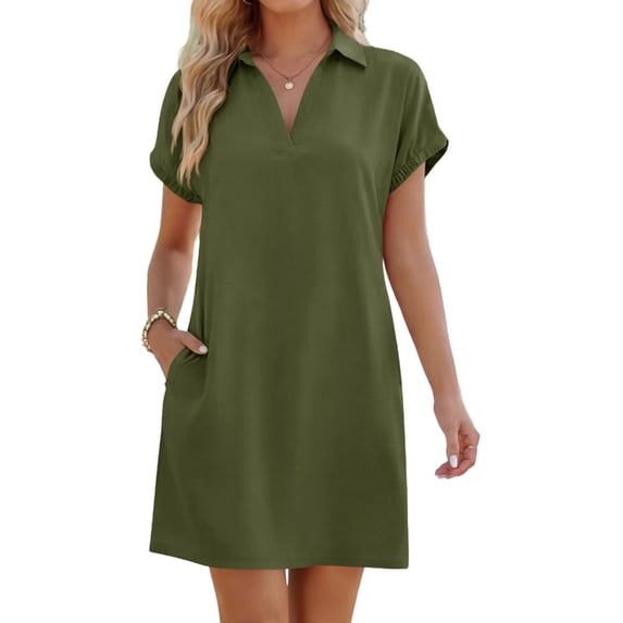 Short Sleeve Solid Color Women V Neck Collar Casual Loose Mini Shirt Dress