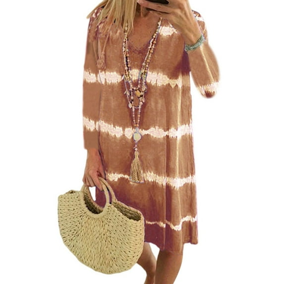 Short Sleeve Stripe Tie Dye Dress for Womens Summer Casual V Neck Short Dress Loose Beach Sun Dress