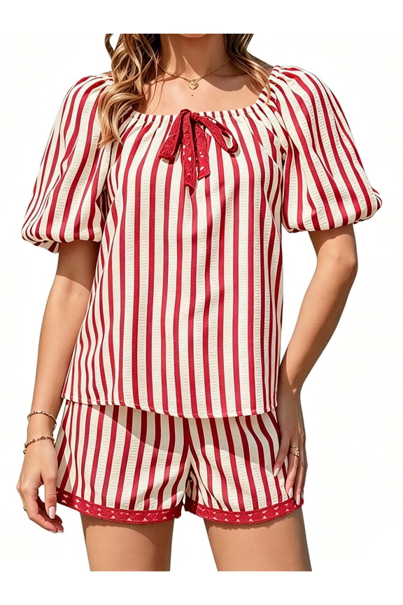Short Sleeve Striped Print Women Casual 2 Pieces Tops and Shorts Set Outfit