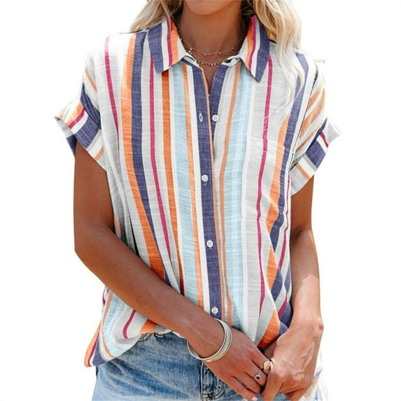 Short Sleeve Striped Print Women Turn-Down Collar Casual Button Blouse