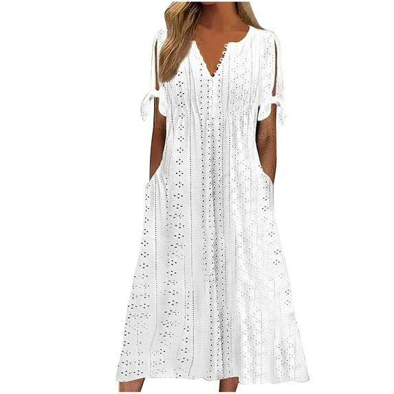 Short Sleeve Summer Dresses for Women 2025 Button V Neck Eyelet Beach Boho Vacation Maxi Sundress