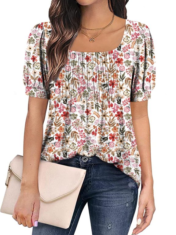 Short Sleeve Summer Floral Print Casual Square Neckline Women Pleated Blouse Tops
