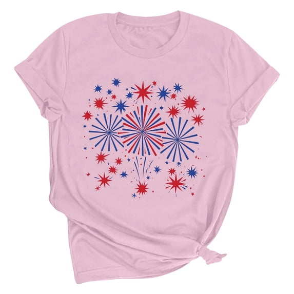 Short Sleeve Summer T-Shirts for Women Stars Hearts Printed Tops July 4th Outfits Casual Crew Neck Base Tees (M, Pink 01)