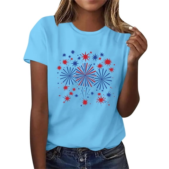Short Sleeve Summer T-Shirts for Women Stars Hearts Printed Tops July 4th Outfits Casual Crew Neck Base Tees (XL, Sky Blue 01)