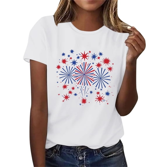Short Sleeve Summer T-Shirts for Women Stars Hearts Printed Tops July 4th Outfits Casual Crew Neck Base Tees (XL, White 01)