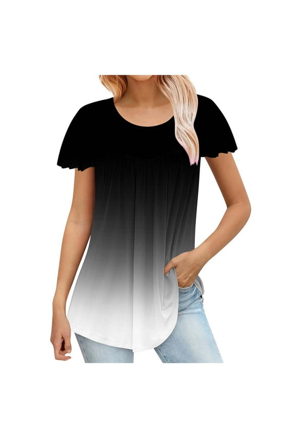 Short Sleeve Summer Tops for Women 2025, Flutter Sleeve Pleated Tunic Top Womens Polyester T-shirts Loose Fit (3XL, Black 01)