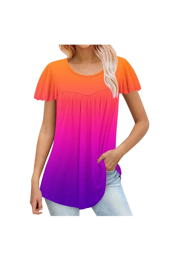 Plus Size Summer Tops for Women Ruffled Flutter Short Sleeve Pleated Tunic Top Plain T-shirts Loose Fit (3XL, Orange 01)