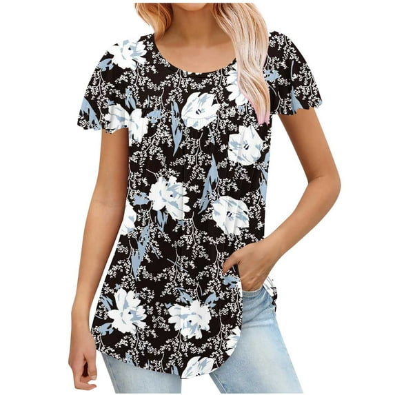 Short Sleeve Summer Tops for Women 2025, Flutter Sleeve Pleated Tunic Top Womens Polyester T-shirts Loose Fit (L, Black 02)