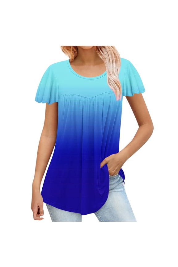 Short Sleeve Summer Tops for Women 2025, Flutter Sleeve Pleated Tunic Top Womens Polyester T-shirts Loose Fit (M, Blue 01)
