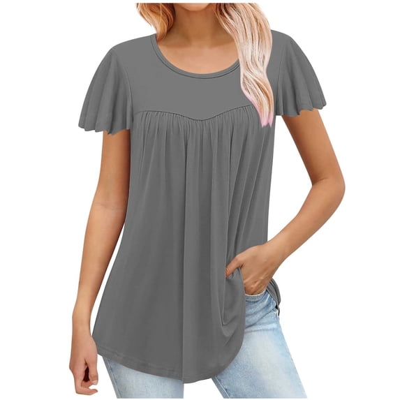Short Sleeve Summer Tops for Women 2024, Flutter Sleeve Pleated Tunic Top Womens Polyester T-shirts Loose Fit (M, Gray)