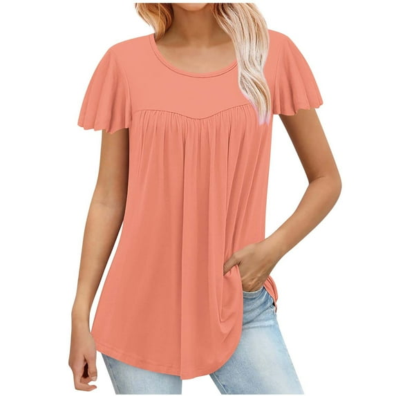 Short Sleeve Summer Tops for Women 2025, Flutter Sleeve Pleated Tunic Top Womens Polyester T-shirts Loose Fit (M, Orange)