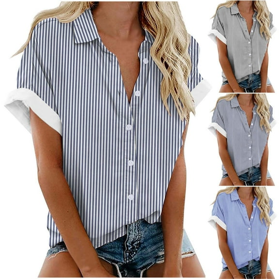 Short Sleeve Summer Tops for Women Casual Button Down Shirts Solid/Striped Business Work Blouses