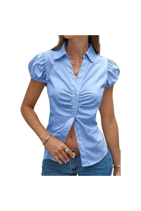 Short Sleeve Summer Women Solid Button Down V Neck Puff Sleeve Slim Blouse