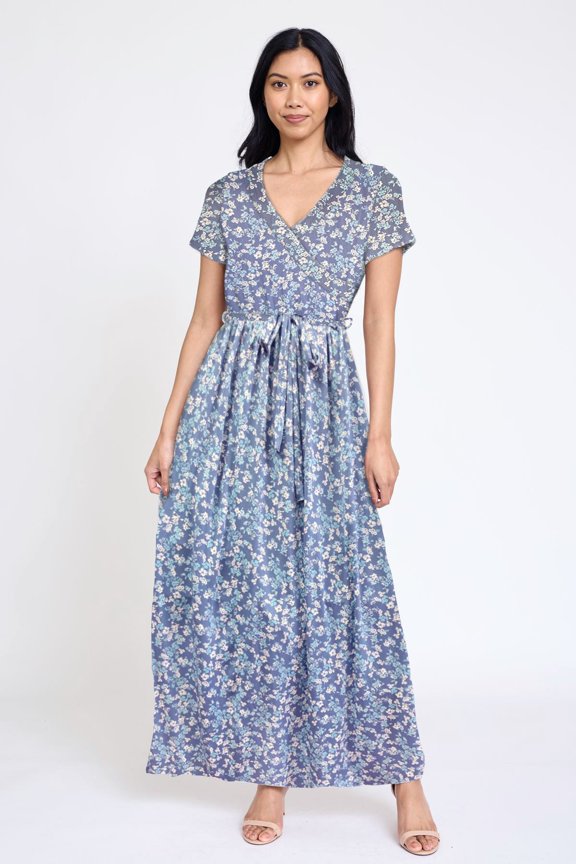 Short Sleeve Surplice Maxi Dress with Sash | 5 Colors | S-3X