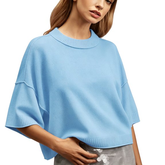 Short Sleeve Sweater for Women Knitted Soft Stretchy Winter Sweater Solid Color Casual Crewneck Pullover Cropped Fashion Clothing Half Sleeve Tops Fall Outfits for Women Loose Fit